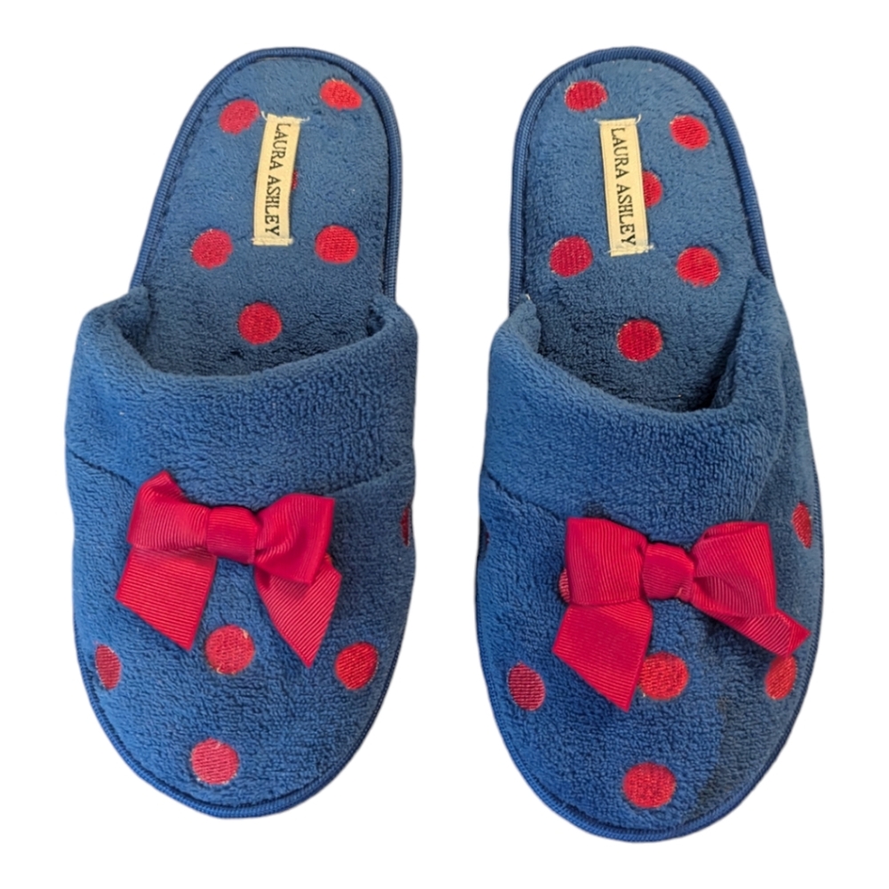 Laura Ashley Blue Pink Polka Dot Bow Soled Slippers Slip-On Women's L(8-9)